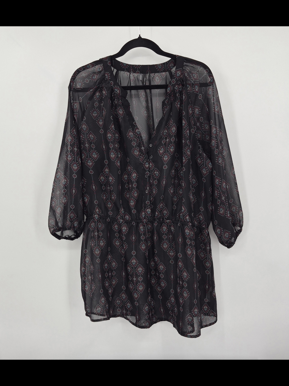 Maurices Women XXL Sheer Black Tunic Aztec Print Vneck Elastic Waist 3/4 Sleeve